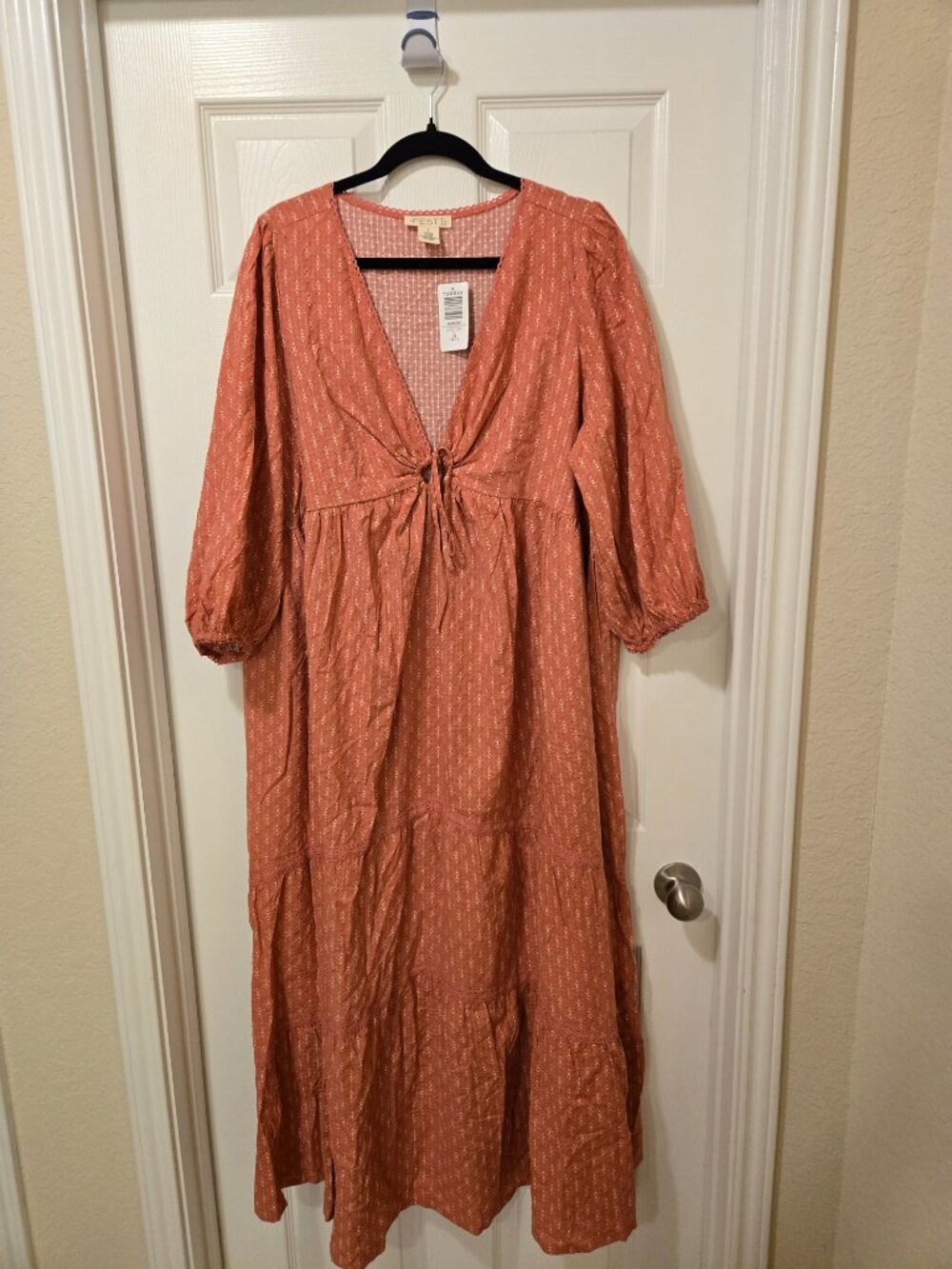 Rust Tie-Front Maxi Dress with Long Sleeves - Picture 2 of 13